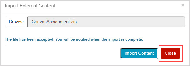 In the Import popup window, the Close button is highlighted.